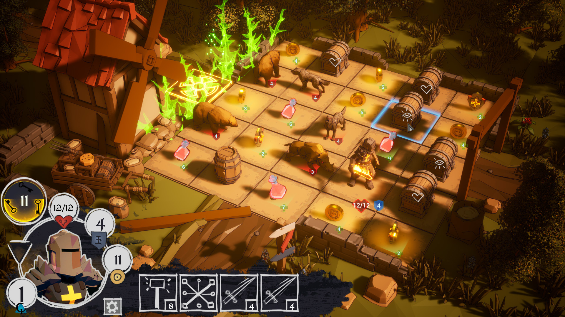 A knight surrounded by beasts, treasure chests and supplies