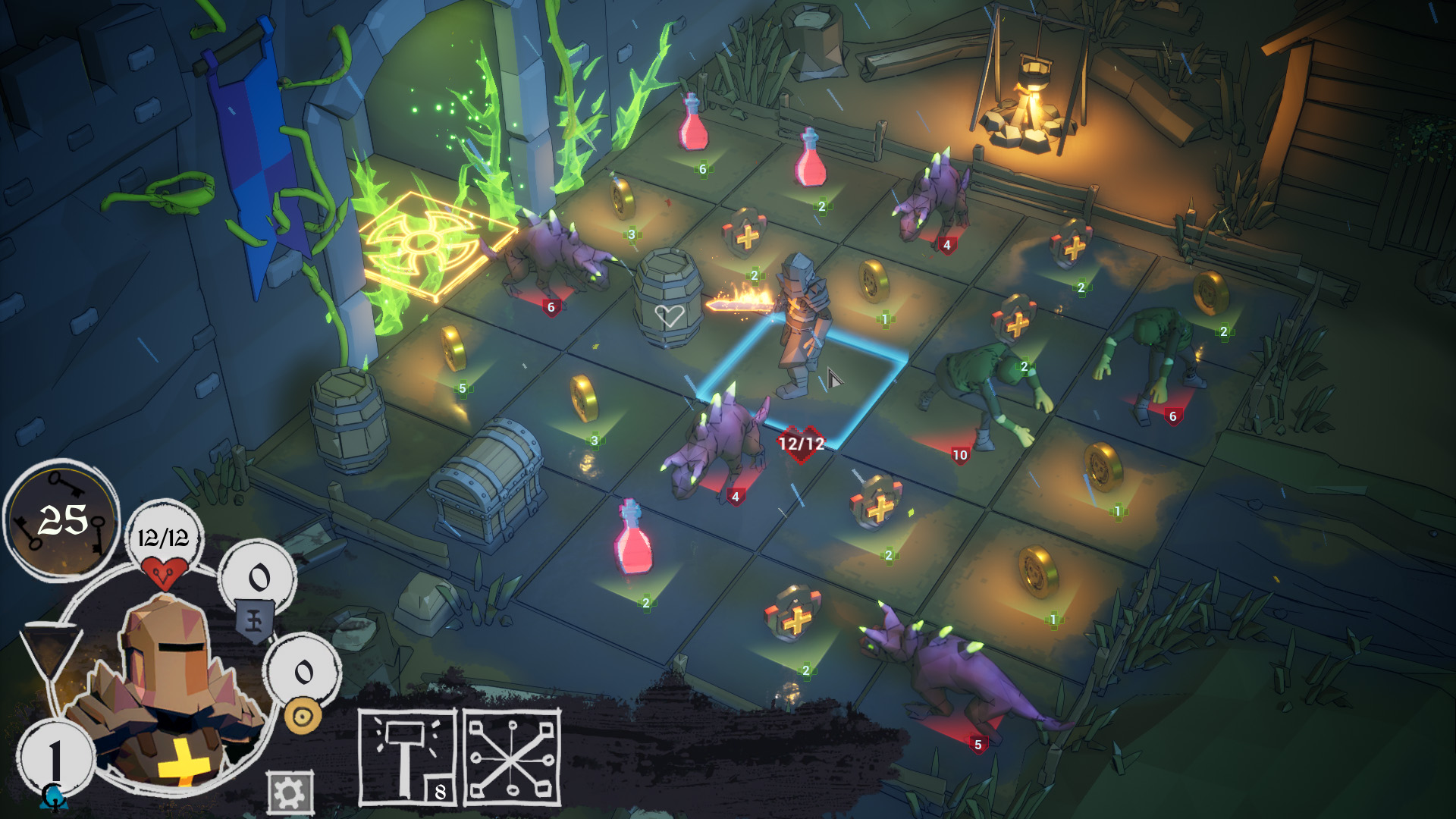 A rain-soaked tactical encounter with monsters in a ruined courtyard