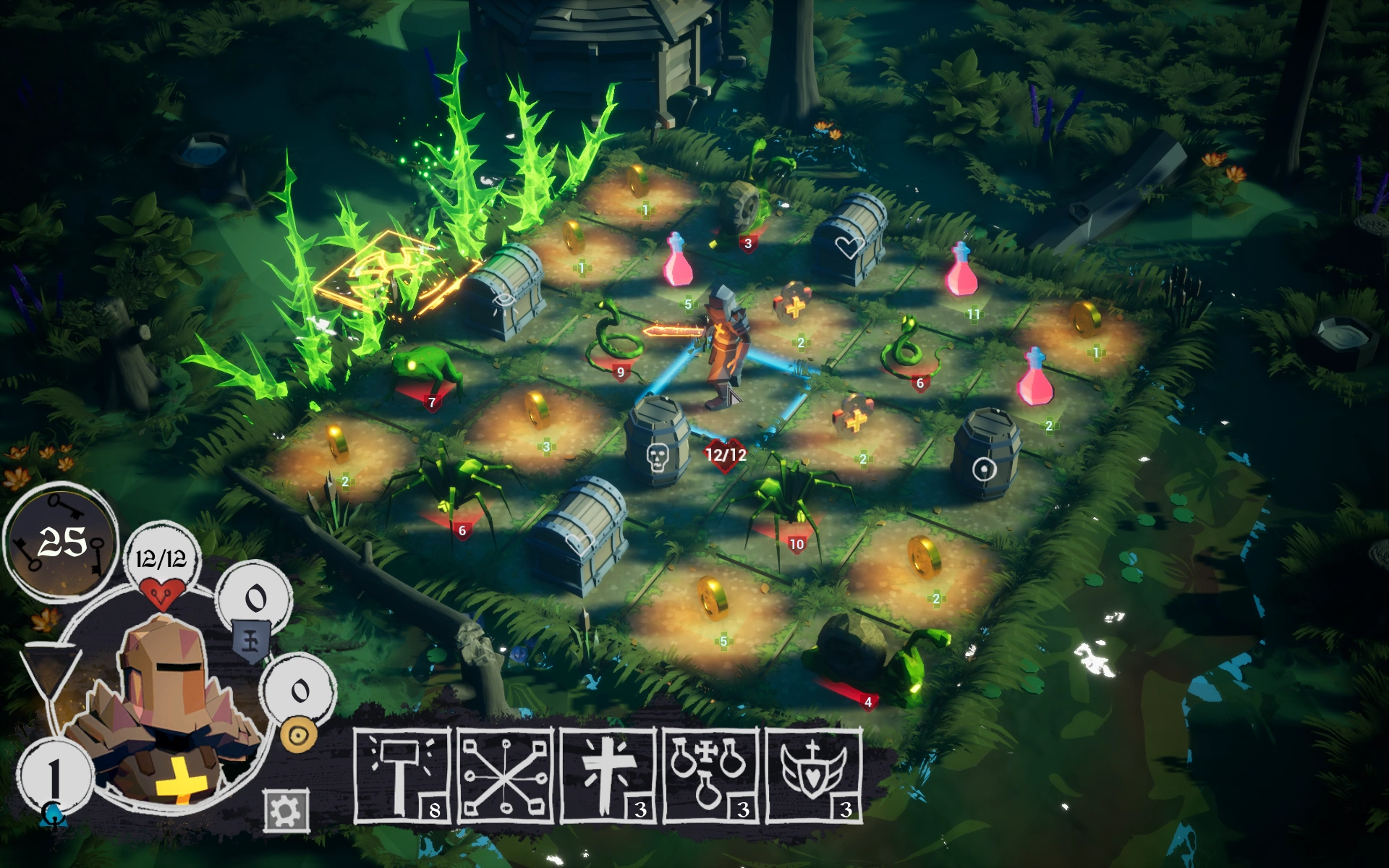 A knight facing spiders and corrupted creatures in a dark forest